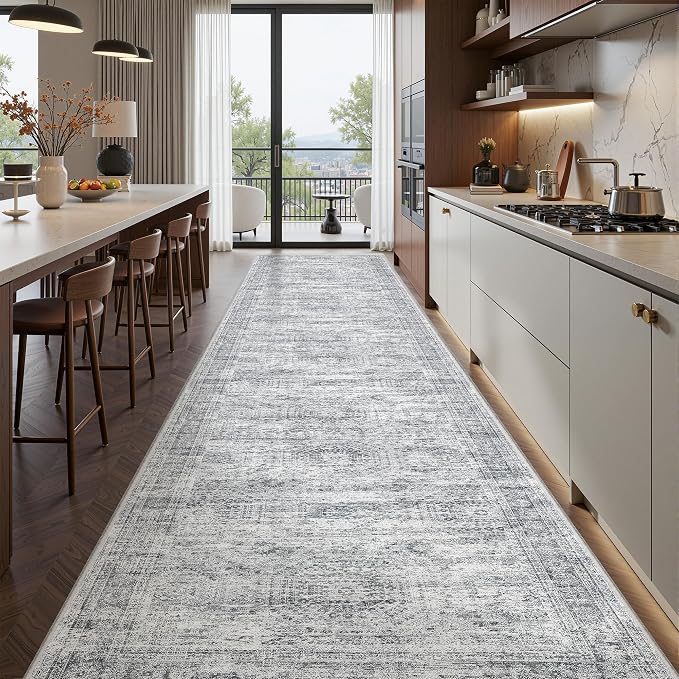 2'6 x 12' Runner Rug Non Slip,Washable Kitchen Rugs,Grey | Carpet Runners for Hallway 12ft,Entryway,Bedroom,Living Room,Thin,Soft, Long Rug,Stain Resistant Indoor Carpet