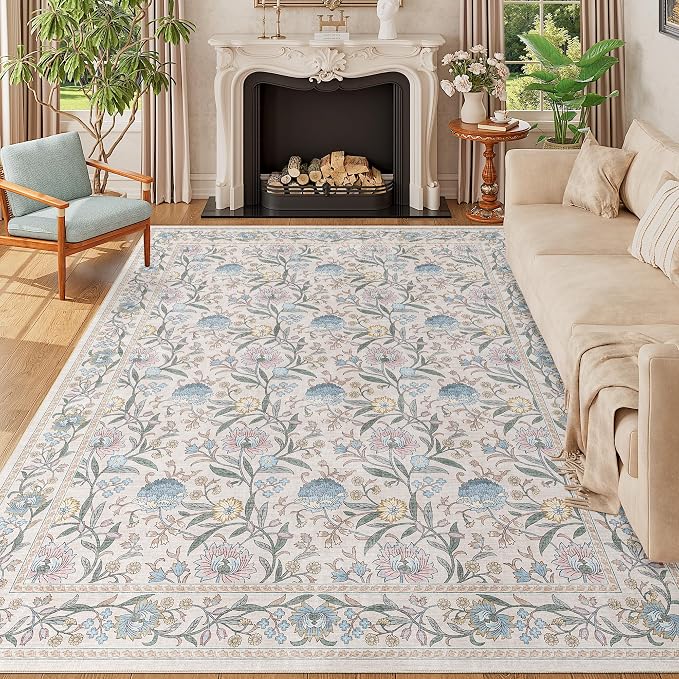DUKINO 6x9 Area Rug Vintage Floral Washable Rugs for Living Room Cream Blue | Non Slip, Low Pile, Non-Shedding, Stain Resistant Soft Large Carpet for Bedroom Home Office Dining Room Farmhouse, Home Decor