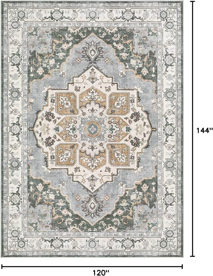 10x12 Washable Area Rug: Vintage Neutral Soft Non Slip Thin Large Floor Carpet for Living Room Bedroom Kitchen Dining Room Home Office Farmhouse Indoor - Green