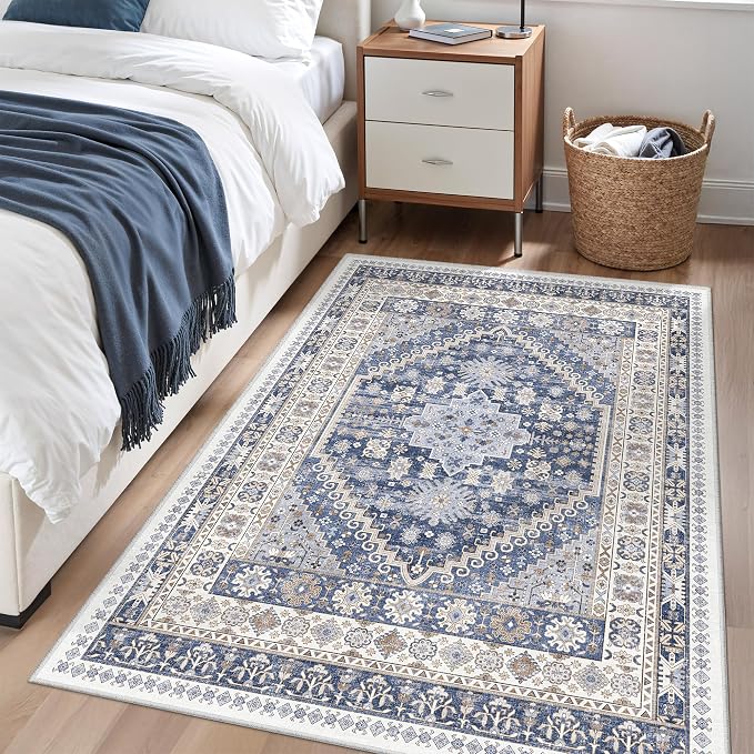 zesthome 3x4 Washable Area Rug for Entryway, Soft Kitchen Rugs Non Slip for Dining Room, Vintage Abstract Living Room Rug, Thin Area Rugs Indoor for Bedroom, Kids Room Decor(Blue/Beige,3'x4')