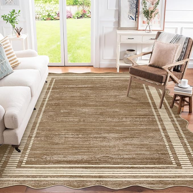 Garvee Scalloped Modern Abstract Area Rug 9x12 Large Washable Rug for Living Room, Non-Slip Soft Carpet for Bedroom, Scalloped Low-Pile Solid Print Accent Rug for Dining Room Home Office, Brown | Girls Rug for Bedroom, Non-Slip Soft Carpet for Bedroom,...