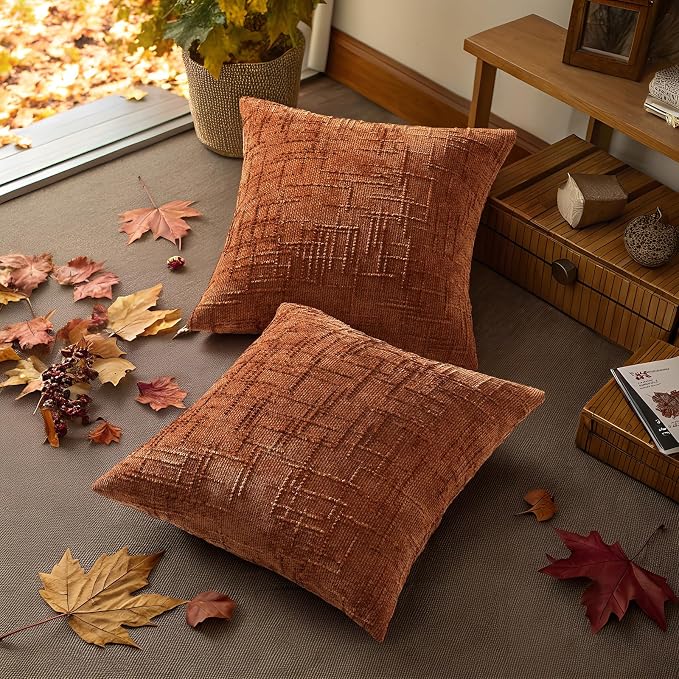 decorUhome Textured Chenille Throw Pillow Covers 24x24 Set of 2 Rust | Fall Modern Farmhouse Soft Cozy Slubby Couch Pillow Cases Boho Decorative Pillow Cases for Bed Sofa Living Room Home Decor
