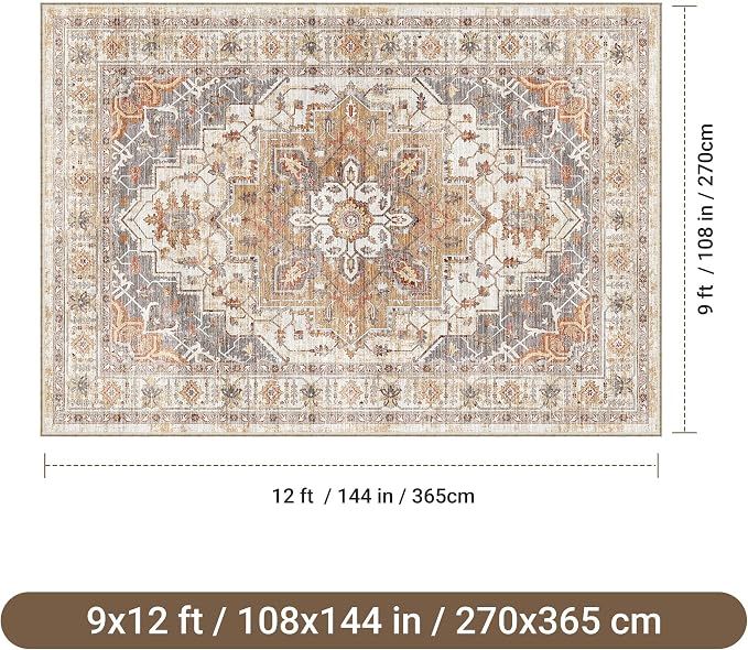 befbee 9x12 Area Rugs for Living Room,Ultra-Thin Washable Rug, Non-Slip Lightweight Foldable Area Rug, Stain Resistant Vintage Large Rugs(Turmeric/Grey, 9'x12')