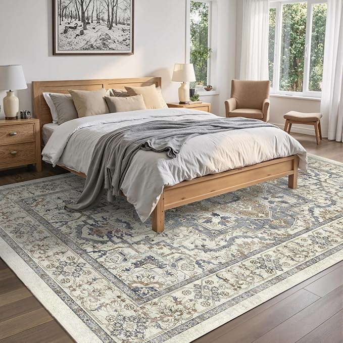 Beige 5x7 Washable Area Rug, Non-Slip Soft Ultra-Thin Polyester Carpet with Vintage Stain Resistant Indoor Rug for Living Room, Bedroom, Dining Room, Nursery Oeko-TEX - Beige/Blue