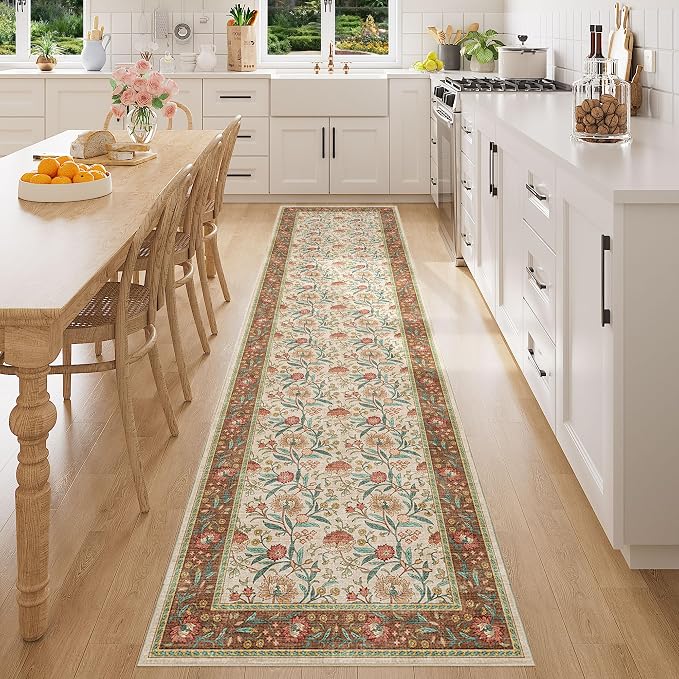 DUKINO 2.6x8 Runner Rug, Washable Vintage Floral Kitchen Runners Rug, Brown | Non Slip, Low Pile, Non-Shedding Soft Carpet for Hallway Bathroom Laundry Entryway Bedroom Farmhouse, Kids and Pets Friendly