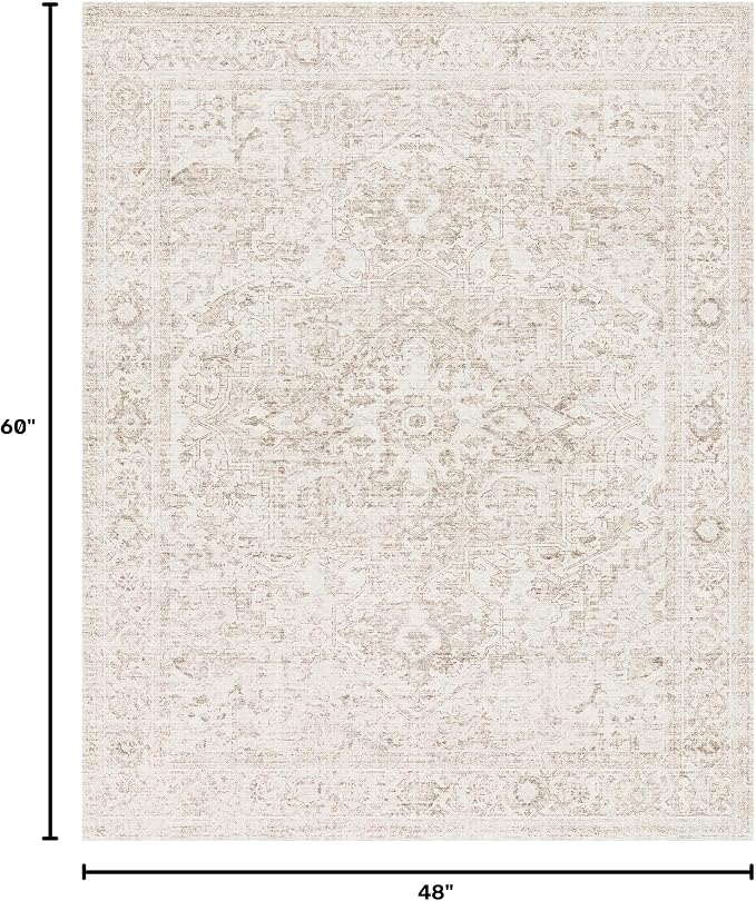 FMFUNCTEX 4x5 Washable Area Rug Neutral Vintage Beige Distressed Non Slip Low Pile Traditional Indoor Carpet for Living Room Bedroom Soft Retro Mat Throw Rug for Dining Office Kitchen Dorm Entryway