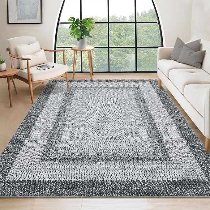 RUGSREAL Washable Rug 5x7 Boho Accent Rug Modern Geometric Floor Carpet Indoor Throw Floor Cover Braided Print Non Slip Farmhouse Area Rug Rustic Bohemian Carpet for Living Room Bedroom, Grey
