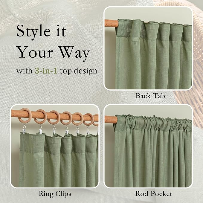 MYSKY HOME Sage Green Curtains 96 Inches Long for Living Room Sliding Glass Door Semi Sheer Drapes Light Filtering Window Treatments Soft Farmhouse Style Privacy Protect Back Tab, 50" x 96", 2 Panels