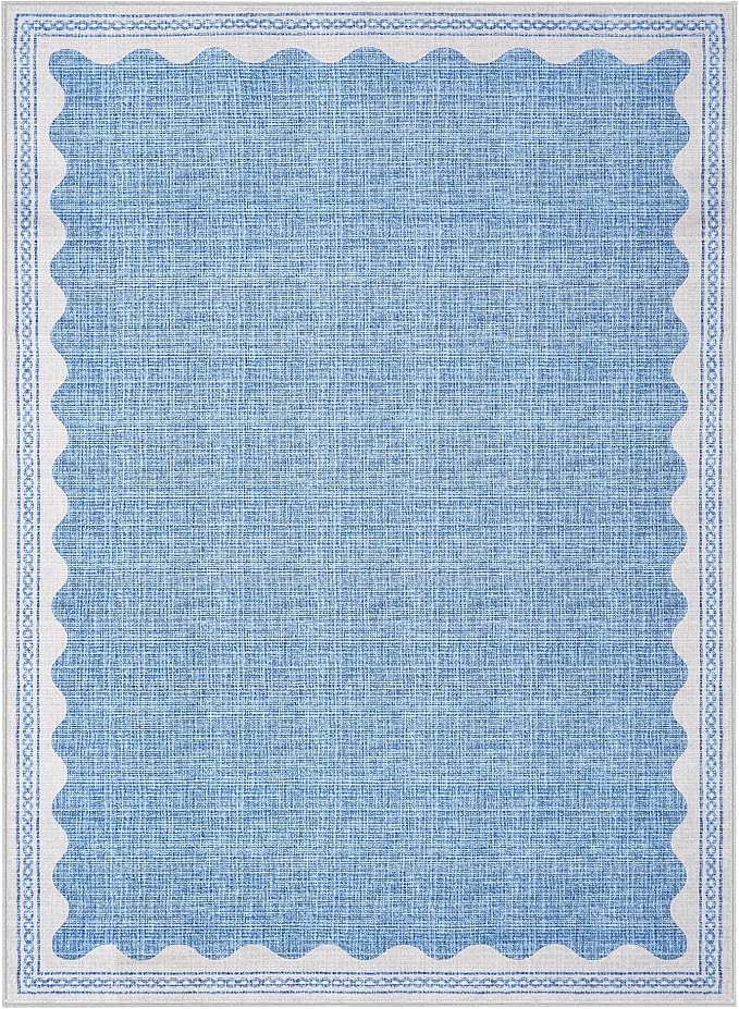 GarveeHome Scalloped 8x10 Rug for Living Room Washable Non-Slip Solid Blue Modern Minimalism Low-Pile Carpet 8 x 10 Rug for Bedroom Dining Nursery Mat with Rubber Back
