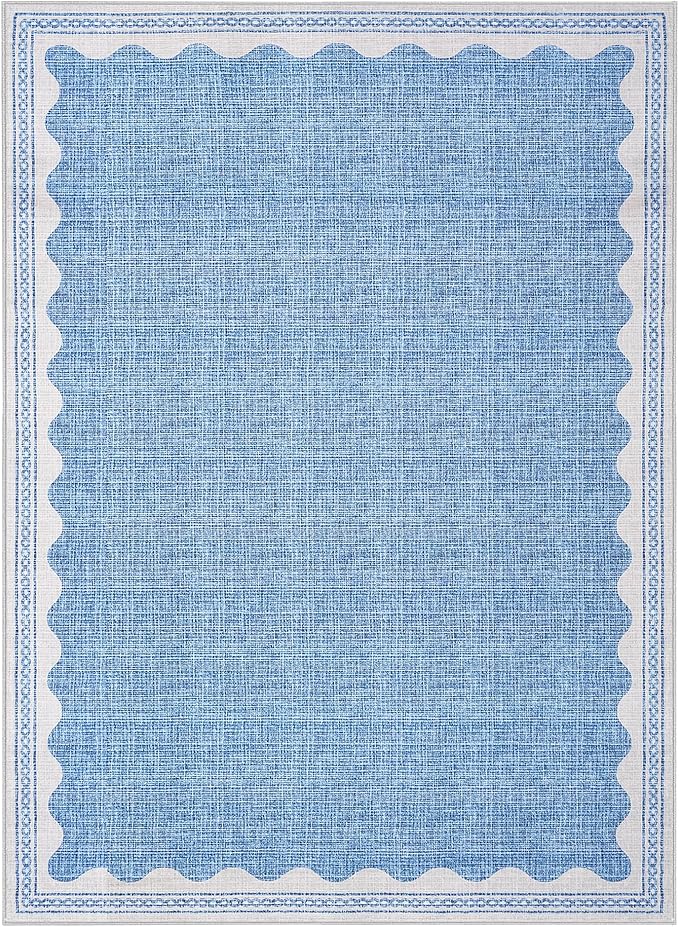 GarveeHome Scalloped Washable Rugs 9x12 Rug for Living Room Non-Slip Solid Blue Modern Minimalism Low-Pile Carpet 9 x 12 Rug for Bedroom Dining Nursery Mat with Rubber Back
