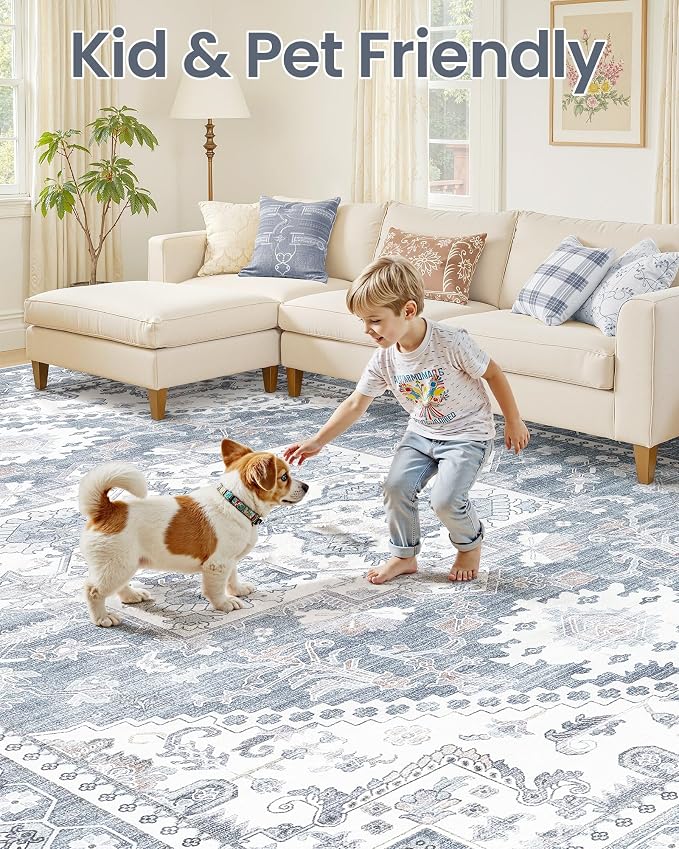 6x9 Vintage Area Rug: Washable Neutral Soft Non Slip Thin Large Floor Carpet for Living Room Bedroom Kitchen Dining Room Home Office Farmhouse Indoor - Blue