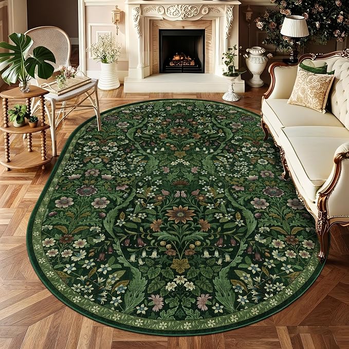 5×7 Oval Rugs Dark Green Washable Floral Rug,Vintage Boho Soft Low-Pile Living Room Rugs, Stain Resistant Botanical Print Non-Slip Carpet for Bedroom,Dining Room, Kids Nursery,Home Decor