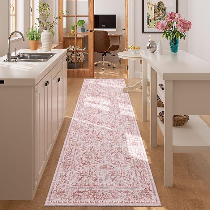 DUKINO 2.6x8 Runner Rug, Washable Vintage Floral Kitchen Runners Light Pink | Non Slip, Low Pile, Non-Shedding Soft Carpet for Hallway Bathroom Laundry Entryway Bedroom Farmhouse, Kids and Pets Friendly