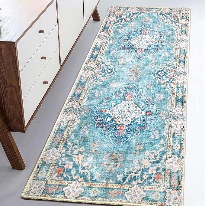 MUJOO Teal Runner Rug Washable 2x6 Area Rugs Non Slip Low-Pile Flowers | Long Throw Carpet for Hallways Entryway Kitchen Bathroom Bedside Bedroom Laundry Boho Soft Indoor Retro Floral Blue Colorful