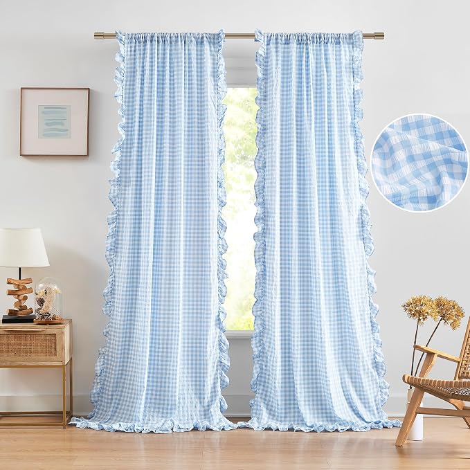 ZJDECOR Blue Buffalo Plaid Not-See-Through Sheer Ruffle Curtains 63 Inch | Woven Crinkled Drapes for Bedroom Living Room,Shabby Chic Window Treatment for Kids Room Nursery,Rod Pocket,40"Wx63"Lx2