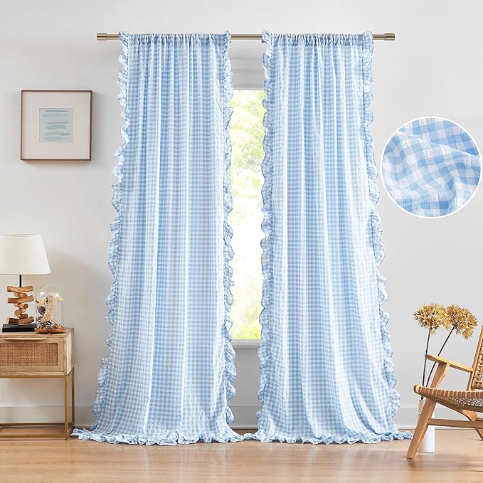 ZJDECOR 72 Inch Baby Blue Buffalo Plaid Ruffle Window Curtains Rod Pocket | Crinkled Not-See-Through Sheer Cortinas,45% Cotton,55% Poly,Farmhouse Window Treatment,Bedroom Living Room,40"Wx72"Lx2