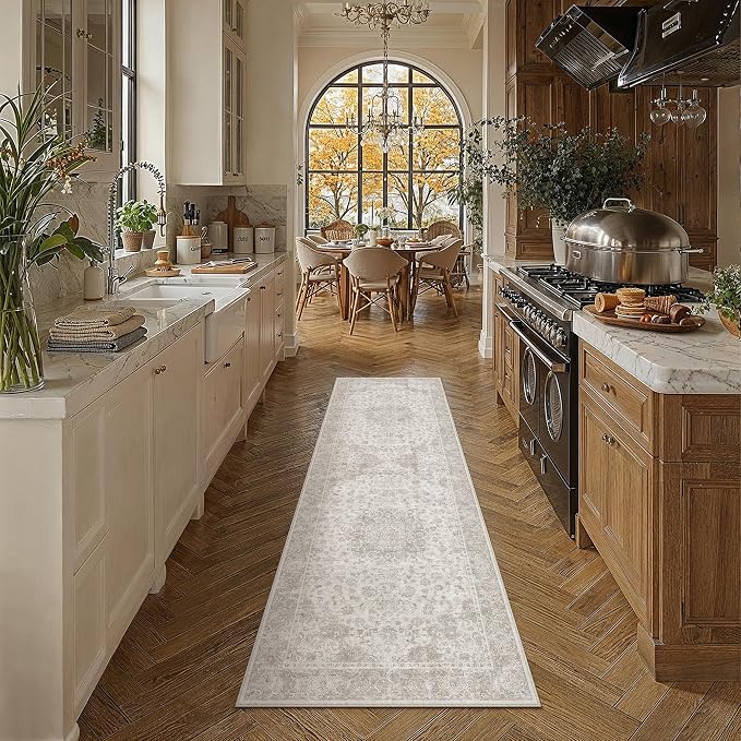 PureCozy 2x4 Washable Runner Rug Neutral Beige Vintage Floral | Non Slip, Soft Low Pile, Hallway Carpet for Kitchen, Entryway, Laundry Room, Farmhouse Decor