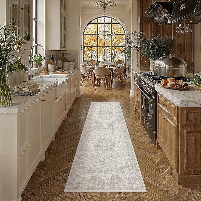 PureCozy 2x7 Washable Runner Rug Neutral Beige Vintage Floral | Non Slip, Soft Low Pile, Hallway Carpet for Kitchen, Entryway, Laundry Room, Farmhouse Decor