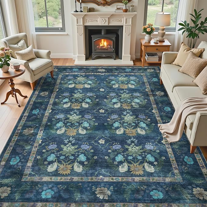 8x10 Floral Washable Area Rug, Blue Floral | Living Room,Low Pile Non Slip Girls Carpet Non-Shedding Soft Indoor Stain Resistant Vintage Kids Mat for Bedroom Dining Room