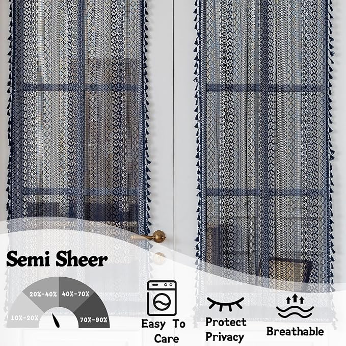 Sutuo Home French Door Curtains Set of 2 for Front Door & Drapery Glass, Boho French Country Style Tassels Vintage Chic Geometric Drapes for Sidelights Patio Decor, Rod Pocket 25" W x 40" L Navy Blue