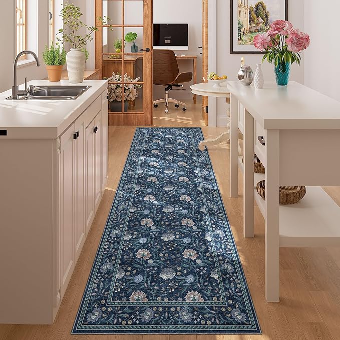 DUKINO 2x6 Runner Rug, Washable Vintage Floral Kitchen Rug, Dark Blue | Non Slip, Low Pile, Non-Shedding, Stain Resistant Soft Carpet Runner for Hallway Bathroom Entryway Bedroom Laundry Farmhouse