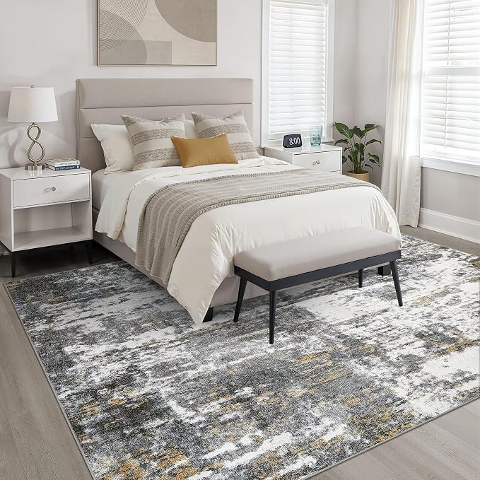 7x9 Area Rug Living Room: Washable Large Neutral Rug Abstract Soft Modern Stain Resistant Indoor Floor Non-Slip Carpet for Bedroom Nursery Kids Office Playroom Dining Room- Black White Gold