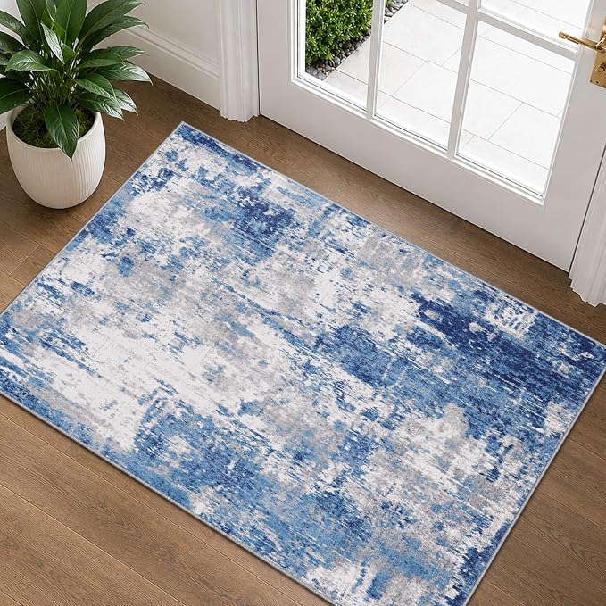 RELEANY Washable Area Rugs 2'x3' Non-Slip Modern Abstract Soft for Living Room Entryway Bedroom Kitchen, Print Pattern, Blue Grey Navy Gray