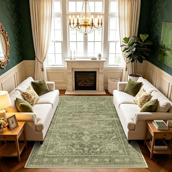 Washable Rugs 5x7, Vintage Medallion Carpet for Living Room, Sage Green | TTelephant Area Rug for Bedroom and Dining Room, Low Pile Rug with Non-Slip Silicone Backing, Non-Shedding Stain Resistant