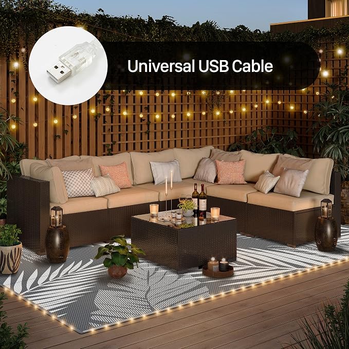 GENIMO Outdoor Rug, Waterproof Plastic Rugs for Patio, 6'x9' Led Grey White | Outside Larger Leaf Carpet Mat for Porch Decor, Deck, Balcony, Camping, RV, Backyard, Picnic, Beach, Reversible, Foldable