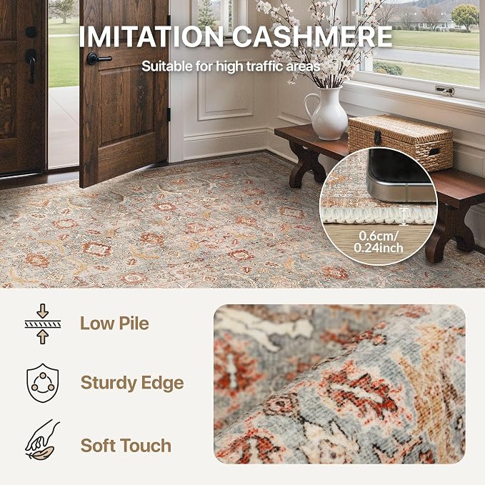 BESBLEE 3X5 Area Rugs Machine Washable Rugs for Living Room, Vintage Boho Large Rugs for Bedroom Dining Room, Non Slip Indoor Soft Distressed Lightweight Thin Low Pile Carpet, Orange