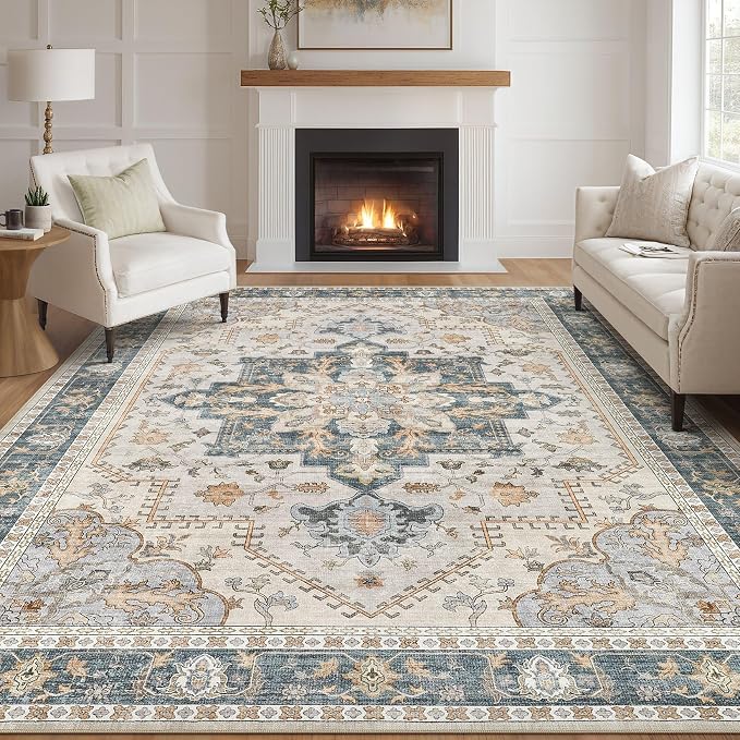 Tortania Area Rug Living Room Rugs - 8x10 Washable Boho Rug Vintage Oriental Distressed Farmhouse Large Thin Indoor Carpet for Living Room Bedroom Under Dining Table Home Office - TealTaupe