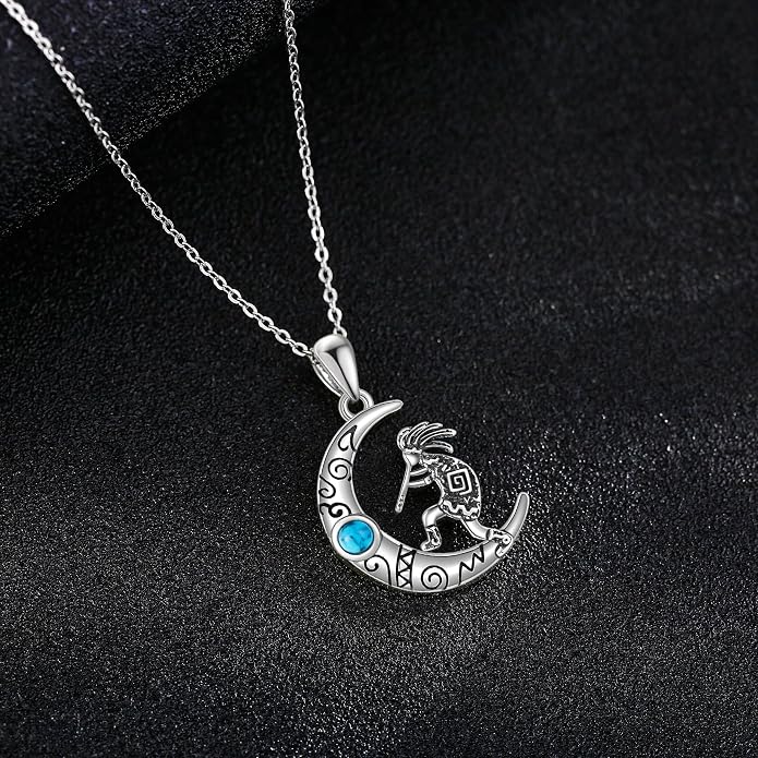 Turquoise Western Necklace Sterling Silver Moon Kokopelli/Cow Skull/Zia Sun/Mountains Pendant Necklace Turquoise Jewelry for Women Hikers Campers