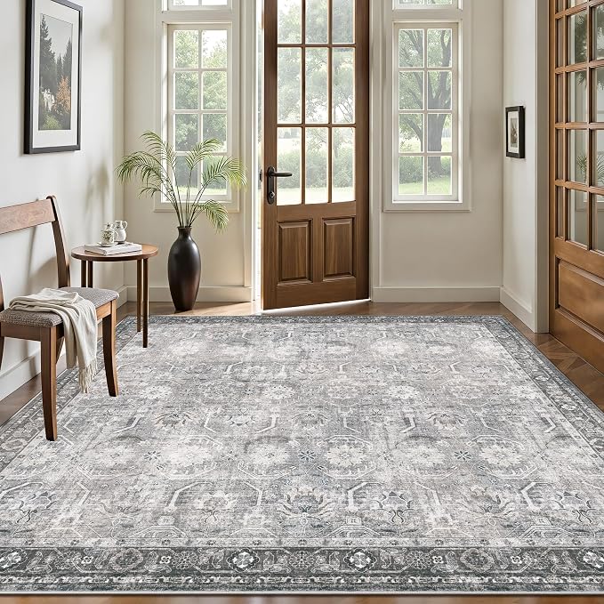 6x6 Square Area Rug, Soft Non Slip Low Pile Washable Rug, Boho Modern Area Rug for Bedroom, Laundry Room, Distressed Grey