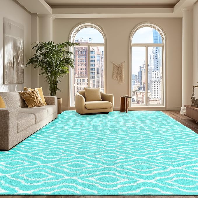 Fluffy Rug for Living Room, Soft Modern 8x10 Green and White Shag Area Rugs | Non Slip Green Carpet for Bedroom, Home Decor Aesthetic, Washable Large Fuzzy Plush Floor Mat for Nursery Teen Dorm