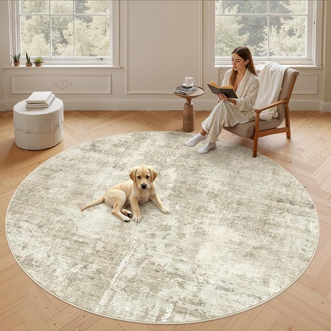 Soalmost 9x9 Beige Gray Round Rug 9ft Living Room Circle Rug Vintage Round Area Rug Non Slip Indoor Carpet for Apartment