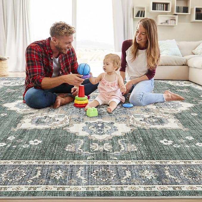 Area Rug for Living Room - 9x12 Soft Washable Oriental Vintage Floral Distressed Large Carpet - Fade Stain Resistant Non Slip Rugs for Bedroom Dining Room Nursery Dorm Office Home Decor - Green