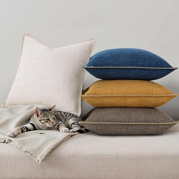 decorUhome Beige Faux Linen Outdoor Throw Pillow Covers 22x22 Set of 2 | Fall Decorative Textured Neutral Modern Farmhouse Pillow Covers with Stitched Edge for Couch Sofa Bed Living Room