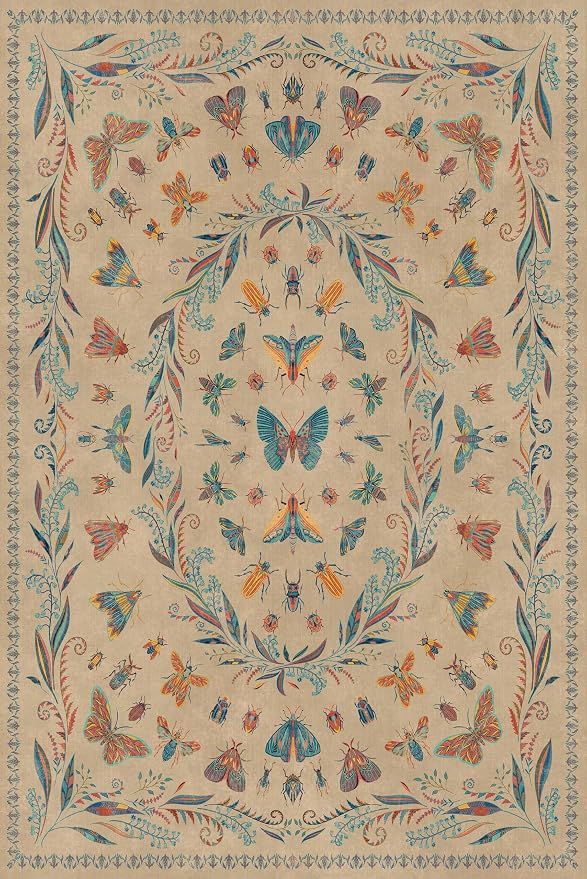 Dining Room Rugs for Under Table 6x9 - Washable Soft Rugs for Bedroom Aesthetic, Low Pile Stain Resistant Living Room Carpet, Vintage Insect Home Décor (Brown)