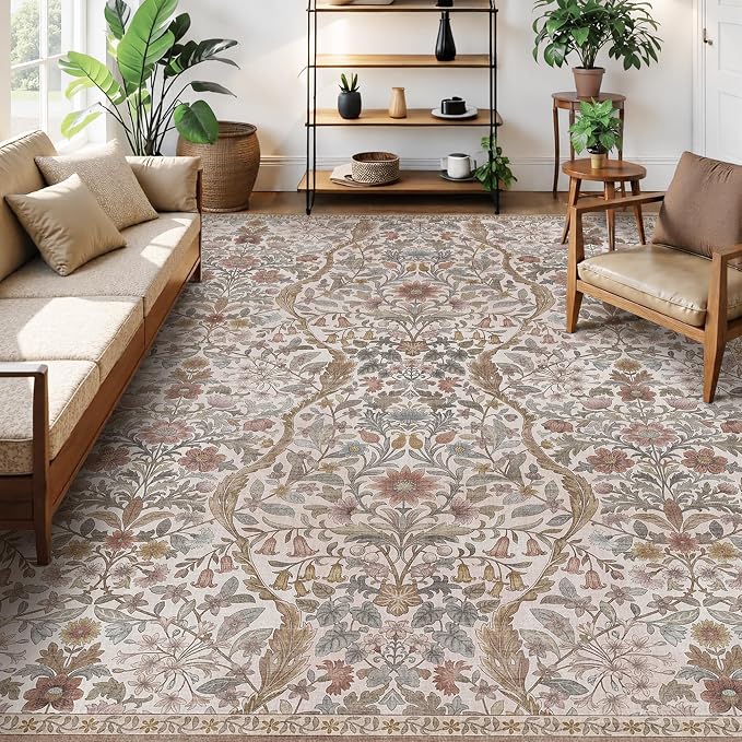 8x10 Washable Area Rug for Living Room, Large Vintage Khaki Beige Floral Rugs, Soft Non-Slip Stain Resistant Boho Lightweight Carpet for Bedroom Dining Room Nursery Home Office