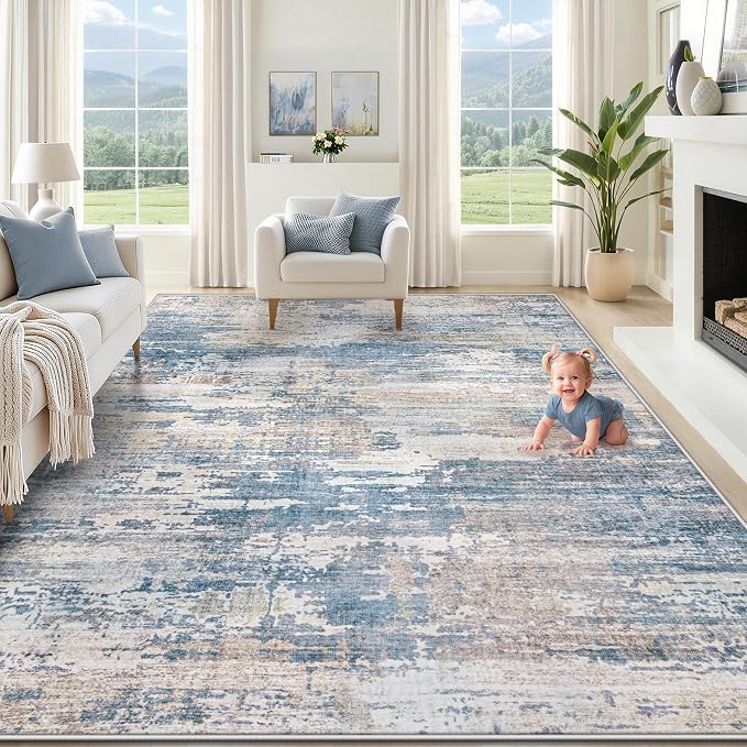 XLUEZ 8x10 Area Rugs for Living Room, Washable Modern Abstract Large Area Rug Neutral Soft Non Slip Kids Rug Stain Resistant Indoor Carpet for Bedroom Nursery Dining Room Playroom(BlueBeige, 8'x10')