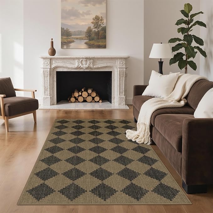 GENIMO Indoor Outdoor Area Rug 5'x8', Checkered Easy Jute Rug Machine Washable, Easy-Cleaning, Non Slip Geometric Outdoor Carpet for Patio, Living Room, Backyard, Porch, Deck, Balcony, Diamond Brown