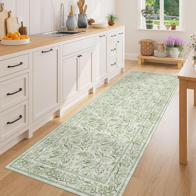 DUKINO 2x6 Runner Rug, Washable Vintage Floral Kitchen Rug, Sage Green | Non Slip, Low Pile, Non-Shedding, Stain Resistant Soft Carpet Runner for Hallway Bathroom Entryway Bedroom Laundry Farmhouse