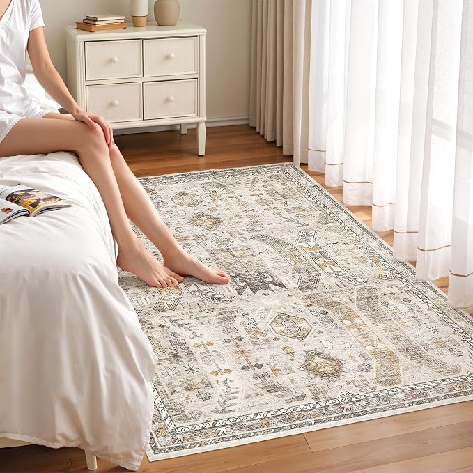 befbee 4x6 Rugs for Living Room Bedroom,Non-Slip Washable Rug,Stain Resistant Lightweight Area Rugs for Dining Room,Ultra-Thin Indoor Floor Carpet (Brown/Gold, 4'x6')