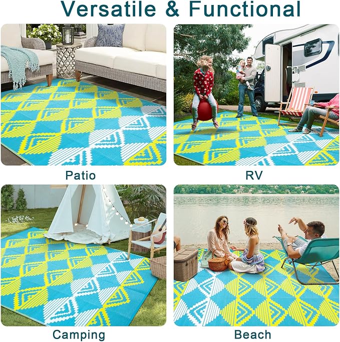 Beeiva Large Outdoor Rug 9x12 Waterproof for Patio, Reversible Outdoor Patio Rug for Backyard, Deck, Blue Yellow