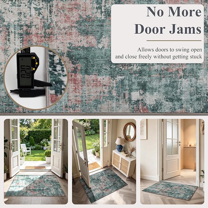 Sasttie 2x6 Soft Runner Rug for Entryway, Modern Abstract Washable Carpet for Hallway, Kitchen and Laundry Room, with Non-Slip Backing, Pink and Green