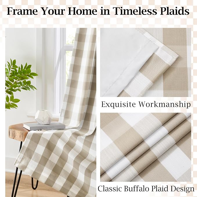Extra Long Buffalo Plaid Full Blackout Curtain Panels 95 Inch | Beige White Gingham Farmhouse Drapes Bedroom Living Room,Thermal Insulated Window Treatment,Rod Pocket Back Tabs,40"Wx95"Lx2