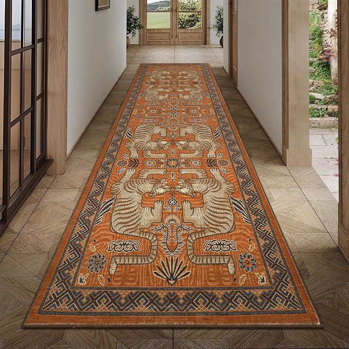 GarveeHome Tiger Print 2'6"x8' Washable Non Slip Runner Rugs for Hallways, Boho Terracotta Kitchen Runner Ultra Thin Soft Vintage Tribal Indoor Throw Floor Carpet for Entryway Bedroom Bathroom