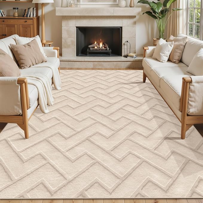Ciicool 6x9 Large Area Rug for Living Room,Beige Washable High-Low Pile | Modern Textured Soft Fluffy Non Slip Carpet Non Shedding Geometric for Kids Bedside Bedroom Dining Room Office Indoor Decor