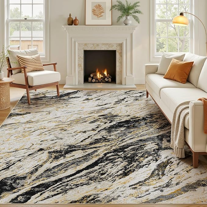 Area Rugs for Living Room: 5X7 Abstract Washable Rug Modern Neutral Large Soft Stain Resistant Non-Slip for Bedroom Dining Room Indoor Home Office Carpet - Black Gold
