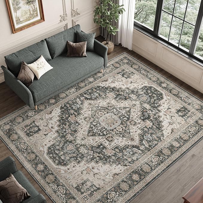 Roxstand 8x10 Washable Area Rugs, Vintage Living Room Rug, Black/Beige | Low Pile with Non-Slip Backing, Stain Resistant, Pet and Kid Friendly, Carpet for Bedroom, Dining Room